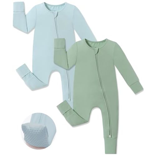 JunNeng Viscose from Bamboo Sleeper with Mittens, 2 Way Zipper Baby Boy Pajamas, Non Slip Sleep'N Play Romper