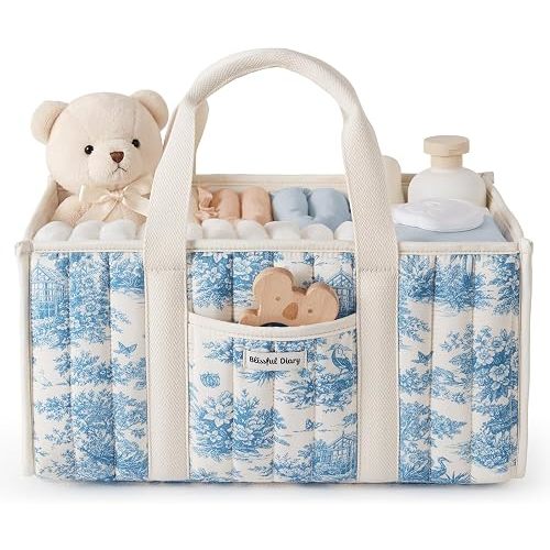 Blissful Diary Toile Diaper Caddy Organizer, Baby Diaper Basket, Blue Toile