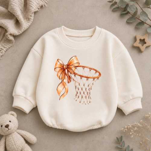 Coquette Basketball Baby Romper, Bow Basketball Hoop Bodysuit, Girly Sports Bubble Suit, Cute Game Day Outfit, Baby Shower Gift