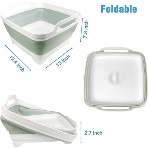 ddLUCK Dish Basin Collapsible with Drain Plug Carry Handles for 9L Large Capacity, Washing Basin, Collapsible Dish Tub for RV Sink, Vegetable, Fruit, Food Sink Strainer Dish Washing Tub - Green