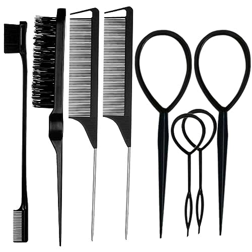 ZVOREI 8Pcs Black Hair Brushes Set with 4Pcs Topsy Tail Tools, Teasing Bristle Brush, Edge Control Brush, and 2Pcs Metal Pin Rat Tail Combs for Women's Hair Styling and Brushing | 4Pcs Topsy Tail Tools,Teasing Bristle Brush,1pcs Edge Control Brush,2Pcs...