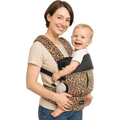 Baby Carrier with Lumbar Support, Cozy Baby Carrier Newborn to Toddler with Adjustable Seat Size, Ergonomic Infant Carrier with 3-Way Carry, Front Facing Toddler Hodler Carrier for Mom & Dad, Leopard