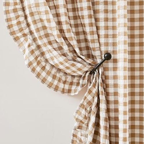 ZJDECOR 54 Inch Brown White Buffalo Plaid Ruffle Curtains for Nursery