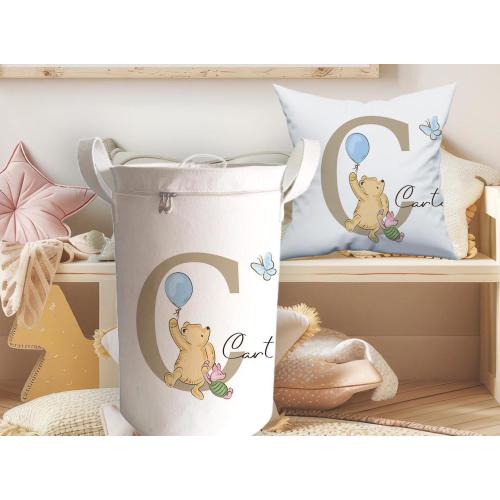 Pooh Felt Toy Storage Basket with top: Personalised Nursery Room Organizer tub bag