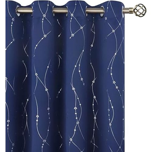 BGment Star & Lines Navy Blue Blackout Curtains 63 Inch Length 2 Panels Set, Thermal Insulated Privacy Grommet Window Drapes for Kids Boys Bedroom, 52 x 63 Inch
