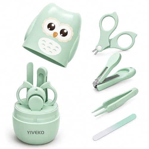 YIVEKO Baby Nail Kit, 4-in-1 Baby Nail Care Set with Cute Case, Baby Nail Clippers, Scissors, Nail File & Tweezers, Baby Manicure Kit and Pedicure kit for Newborn, Infant, Toddler, Kids-Owl Green