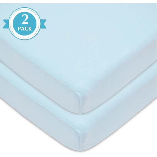 American Baby Company 2 Pack 100% Natural Cotton Fitted Mini Crib Sheets 38" x 24" - Soft & Breathable Small Nesting Portable Sheets, Fits Pack N Play Mattresses, Blue, for Boys & Girls
