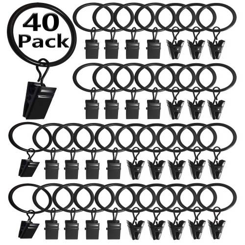 YMWVH 40-Pack 1.5" Curtain Rings with Clips - Heavy-Duty Pull Rod Hooks for 1.3" & Below Rods, Black