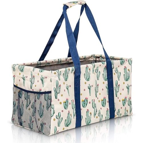 Extra Large Utility Tote Bag, Oversized Collapsible Reusable Wire Frame Rectangular Canvas Basket With Two Exterior Pockets For Beach, Pool, Laundry, Car Trunk, Storage - Cactus White
