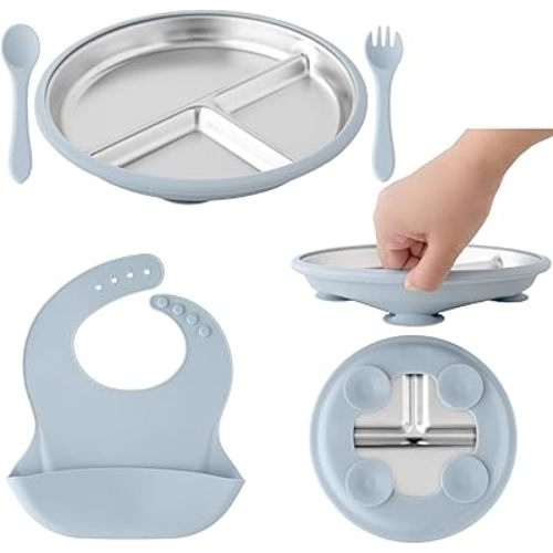 Stainless Steel Baby Feeding Set– Toddler Suction Plate, Removable Suction, Silicone Bib, Spoon & Fork – BPA-Free Weaning Kit for 6–18 Months, Soft Starter Utensils (Baby Blue)