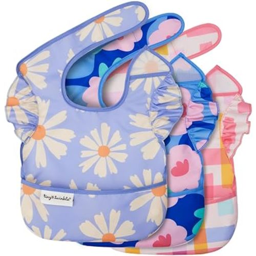 Tiny Twinkle Mess-Proof Baby Bibs for Eating | Waterproof, Wipeable Toddler Bibs with Catch-All Pocket | Feeding Bibs for Girls & Boys (3 Pack, Daisies, Blue Floral, Playful)