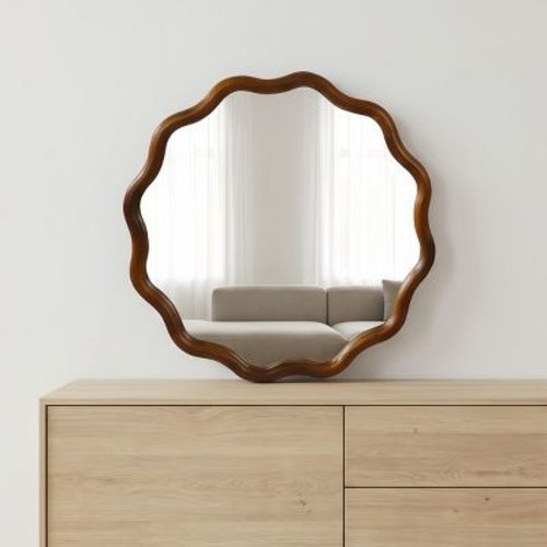 24" Round Wall Mirror, Walnut Wavy Wood Frame Accent Mirror, Decorative Vanity Mirror for Entryway, Bathroom, or Living Room-Panipeachy