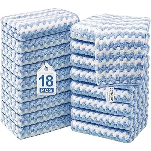 JOYMOOP Microfiber Cleaning Cloths – 18 Pack, 10" x 10", Blue – Reusable, Lint-Free, Super Absorbent Towels for Kitchen, Car, and Household Cleaning