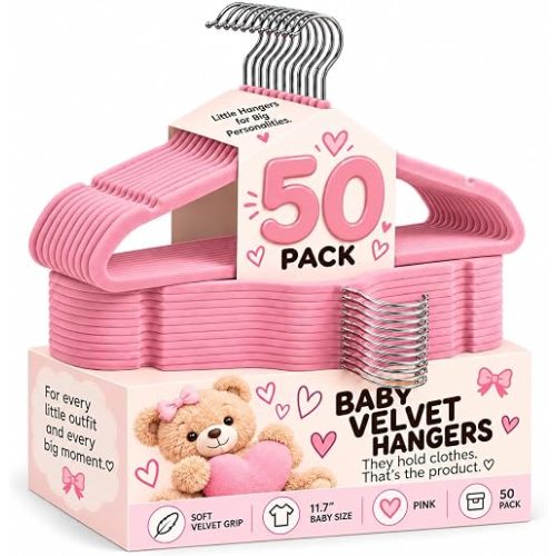 TechZoo 50 Premium Baby Velvet Hangers - 11.8 Inches Non-Slip & Ultra-Slim Baby Hangers for Space-Saving & Children Clothes - 360 Swivel Hook, Strong & Durable Infant & Toddler Clothes Hanger - Pink