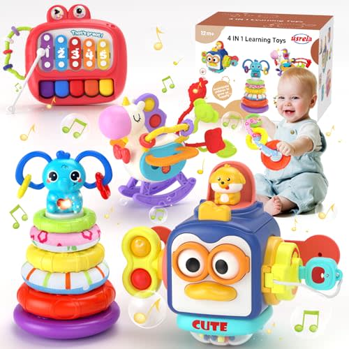 4 in 1 Baby Toys for 12+ Month, Christmas Birthday Gifts for 1 + Year old | Montessori Toys Sensory Infant Toys Busy Cube Stacking Rings Color Sorting Educational Learning Toddler Toys Aged 2 3