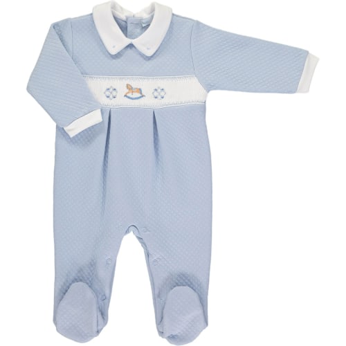 Blue & White Quilted Rocking Horse Smocked Footsie