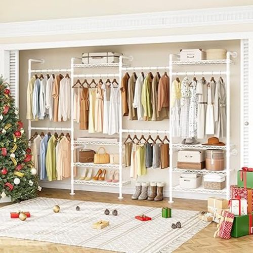ONBRILL H4 Wall Mounted Closet System, Expandable Industrial Pipe Clothes Rack Clothing Rack for Hanging Clothes, Heavy Duty Closet Organizers and Storage in Wardrobe Closet - White