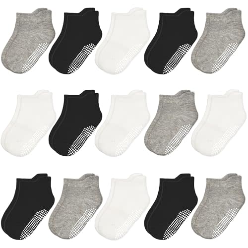 HYCLES 15 Pairs Toddler Socks, Kids Grip Socks for 6-12 Month 1-7 Years Non Slip Ankle Sock for Baby Boys Girls