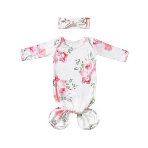 WIBACKER Baby Girls Boys Nightgowns Milk Silk Sleeper Bag Newborn Coming Home Outfits Floral Knotted Gown with Headband
