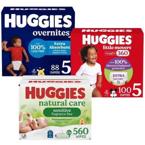 Huggies Unscented Baby Wipes 10pack + Overnites Nighttime Baby Diapers Size 5/88ct + Little Movers HuggFit 360 Pull On Diapers Size 5/100ct