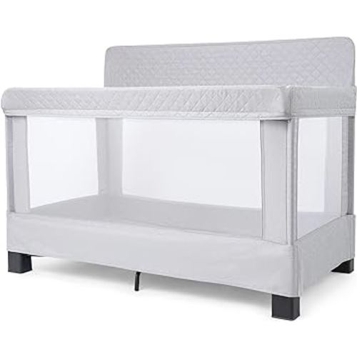 Baby Delight Horizon Full Size Crib, Breathable Mesh Walls, Tool-Free Assembly Baby Bed, Luxe Quilted Easy to Clean Fabric, Grey