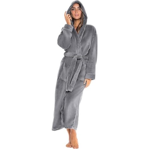 Alexander Del Rossa Plush Fleece Robe for Women, Long Hooded Bathrobe with Hood, Plus Size