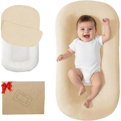 Baby Lounger for Newborn, Bionic Design Baby Lounger, Soft Organic Cotton Breathable Lounger for Infants 0-18 Months (Light Khaki)