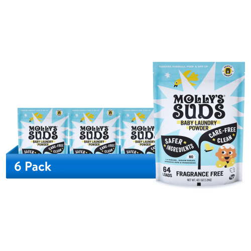 (6 pack) Molly's Suds Baby Laundry Detergent Powder, Removes Formula, Poop & Spit-Up Stains, Extra Gentle for Newborns, 64 Loads (Fragrance Free)