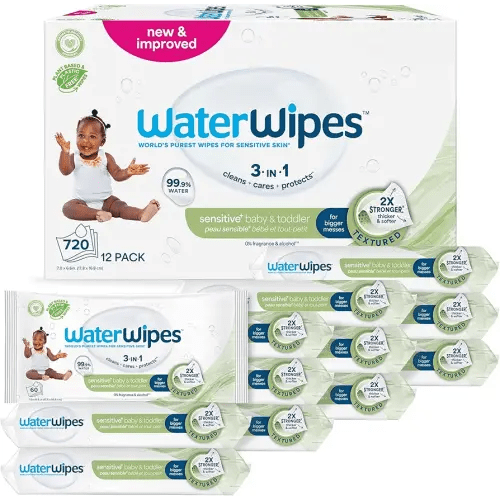 WaterWipes Sensitive+ Baby & Toddler Wipes, 3-In-1 Cleans, Cares, Protects, 99.9% Water, Textured Clean, Unscented & Hypoallergenic, 720 Count (12 Packs)