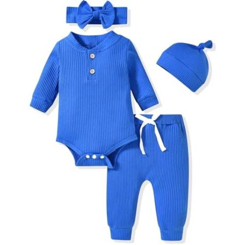 Aalizzwell Gender Neutral Long Sleeve Baby Ribbed Outfit with Hat & Headband