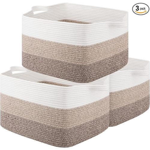 OIAHOMY Rectangle Woven Storage Basket - Nursery Cotton Rope Baskets for Storage, Toy Basket Organizing for Living Room, 17.7"x13.8"x11"- Pack of 3 - Gradient Yellow