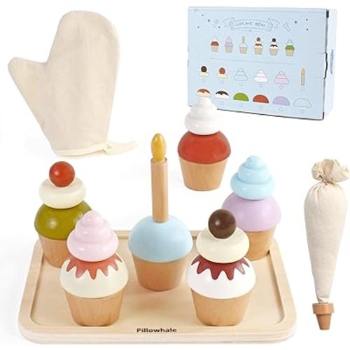 Wooden Cupcakes Toy,Kids Kitchen Playset,Pretend Play Food with Menu,Birthday Cake Toy for Toddlers Boys Girls Ages 3+
