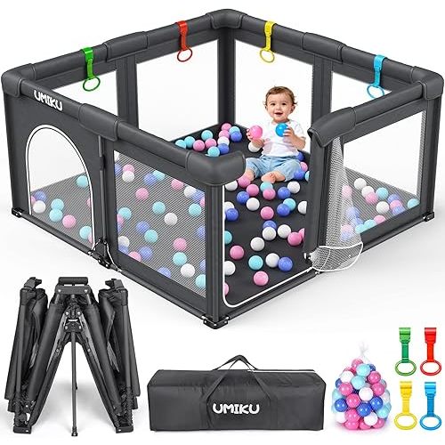 Baby Playpen Foldable Playpen for Babies and Toddlers, Large Playpens Portable Play Pen Play Yard for Kids Fence Indoor Outdoor Travel 4 Handlers 50 Balls Baby Gifts Essentials 50"X50" Dark Grey