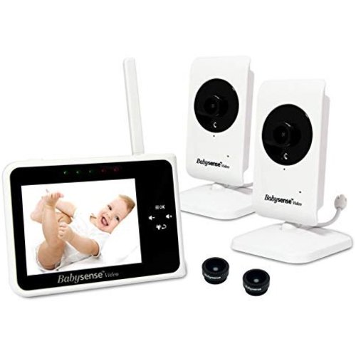Babysense Video Baby Monitor 3.5 Inch Screen with 2 Cameras - Interchangeable Wide Angle Lens, Night Vision, Talk Back, Room Temperature, Lullabies, Wide Range and Long Battery Life - 3.5" with 2 Cameras Wide Angle Lens