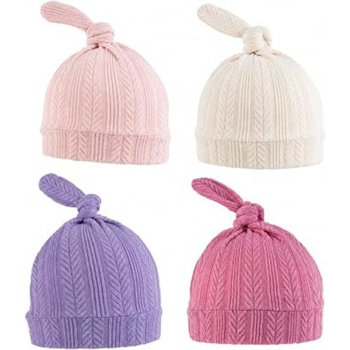 4Pack Premie Newborn Hats Wheat Pattern Top Knot Baby Beanies XXS