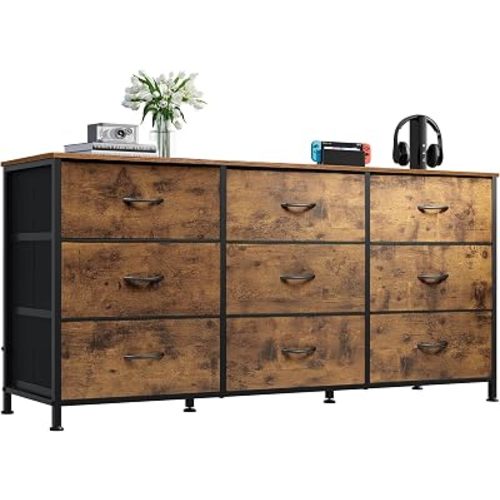 WLIVE Dresser TV Stand for 55'' TV, 9 Fabric Drawers of Wide Dresser, Brown
