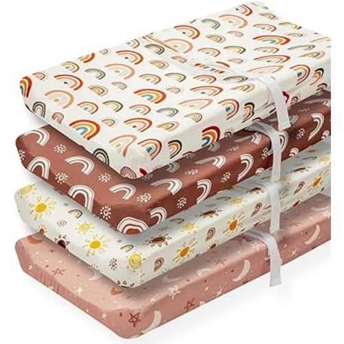 4 Pack Boho Baby Sheets Unisex Fitted Baby Sheets Neutral for Baby Boys or Girls Boho Sunshine and Rainbow Style (Changing Pad Cover)