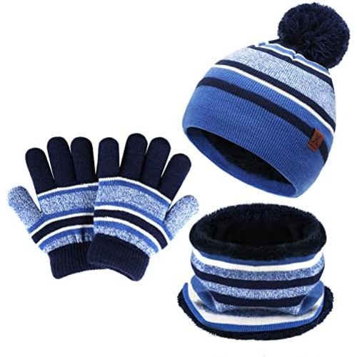 Kids Toddlers Winter Knit Warm Beanie Hat Scarf Gloves Set for Boys Girls Age 2-7, Pompom Cap Neck Warmer Gloves Fleece Lined