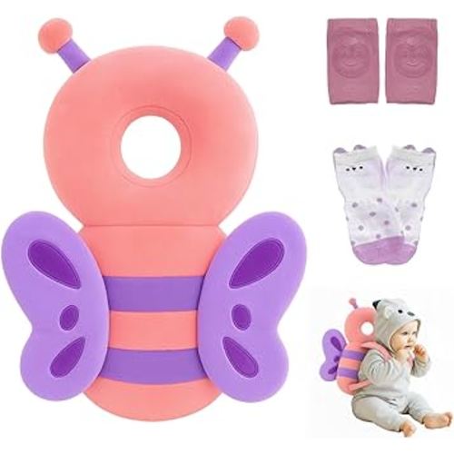 Baby Head Protector Backpack with a Pair of Non Slip Socks and Knee Pads, Baby Pillow Backpack for Falling, Crawling, Adjustable Toddler Head Protector for Infants 6–18 Months