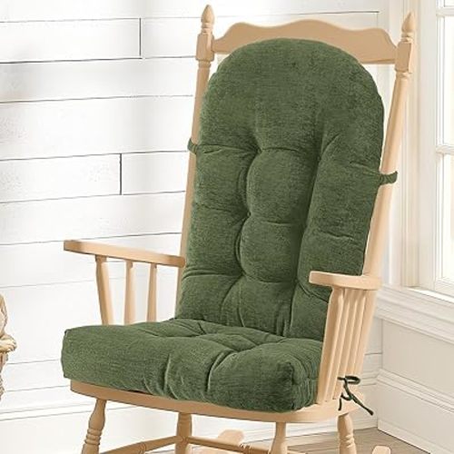 Rocking Chair Cushion - Chenille Fabric, High-Density Sponge, Durable Comfort Non-Slip Bottom Tufted Seat Pads with Ties, Chenille︱Green, 44x19x4 inch