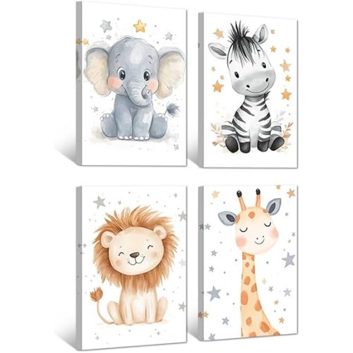 PBXBJY Safari Nursery Wall Art 4 PCS Baby Animal Wall Decor Cute Animal Canvas Elephant Lion Zebra Giraffe Pictures Print Child Room Decor Framed (8x12inchxx4Pcs)