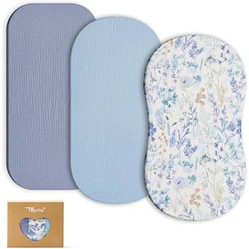 TILLYOU Muslin Bassinet Sheets for Baby Boys Girls 3 Pack, Soft Breathable Elastic Cotton Bassinet Mattress Sheets, Fit Hourglass Oval Rectangle Cradle Mattress, 33"X17",Blue Flower