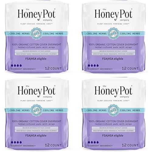 The Honey Pot Company - 48 ct - Herbal Pads for Women - Overnight w/Wings - Infused w/Essential Oils for Cooling Effect & Organic Cotton Cover - Feminine Care - FSA & HSA Eligible