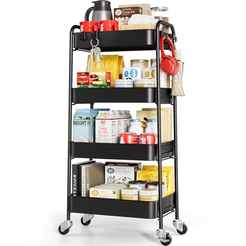 TOOLF 4-Tier Metal Rolling Cart with Wheels, Storage Utility Organizer Cart for Kitchen, Bathroom, Office, Baby Essentials & Makeup - Lockable Casters, Easy Assembly, Large Capacity, Black