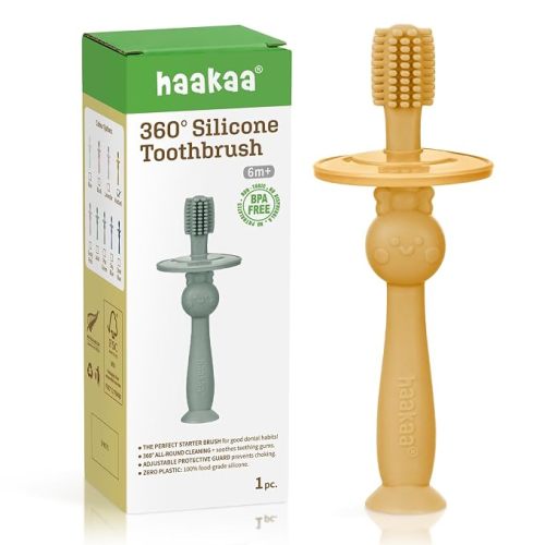 haakaa 360° Baby Toothbrush with Suction Base - Gentle Cleaning for Toddler's Self-Brushing Training, Food-Grade Silicone, Adjustable Safety Shield - Mustard (1 Piece)