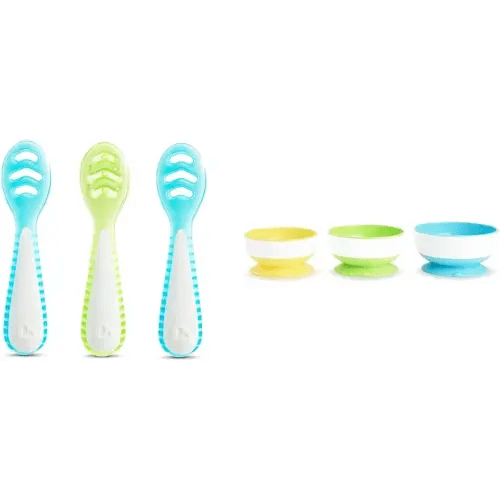 Munchkin Gentle Dip Multistage First Spoon Set for Baby Led Weaning, Self Feeding, Solids & Purees, 3 Pack and Stay Put Suction Bowls for Babies and Toddlers, 3 Pack