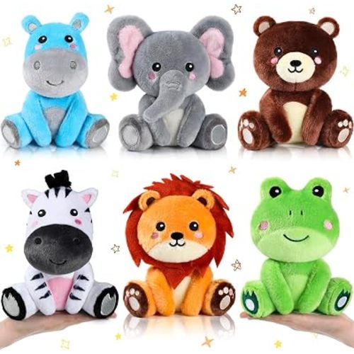 RoundFunny 6 Pcs Forest Animals Toys 7 Inch Zebra Lion Hippo Bear Elephant Frog Large Stuffed Animals Bulk for Woodland Baby Showers Party Decor Birthday Gifts Classroom Teacher Student Awards
