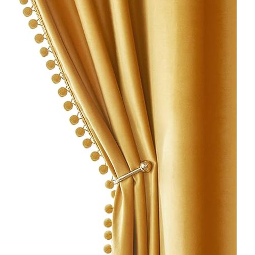MIULEE Mustard Yellow Pom Pom Velvet Curtains for Fall Bedroom/Living Room Darkening Thermal Insulating 84 Inches Long Blackout Curtains with Rod Pocket for Kid Room/Nursery/Home Theater Set of 2