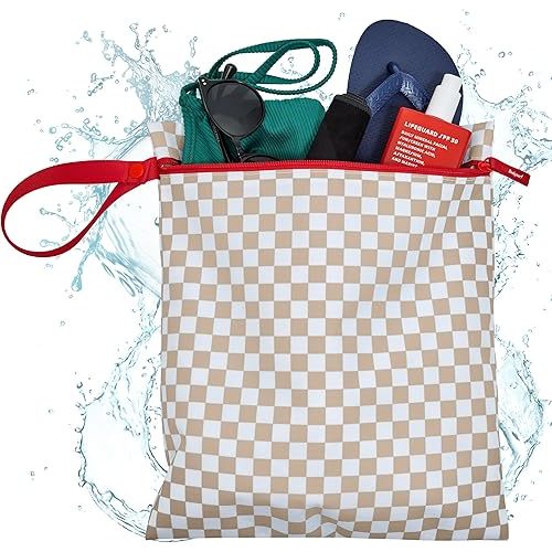 Bodysurf Waterproof Wet Bag for Swimsuit, Travel, Baby Essentials - Reusable Compact Organizer & Lightweight Storage for Dirty Laundry, Cloth Diapers, Gym, Yoga, Beach, Pool - Tan, Checkered