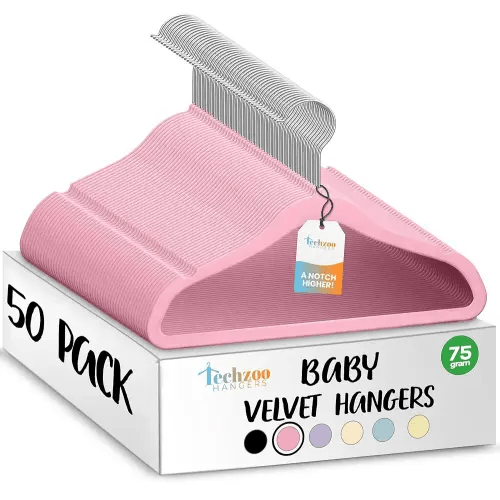 50 Premium Baby Velvet Hangers - 11.8 Inches Non-Slip & Ultra-Slim Baby Hangers for Space-Saving & Children Clothes - 360 Swivel Hook, Strong & Durable Infant & Toddler Clothes Hanger - Pink